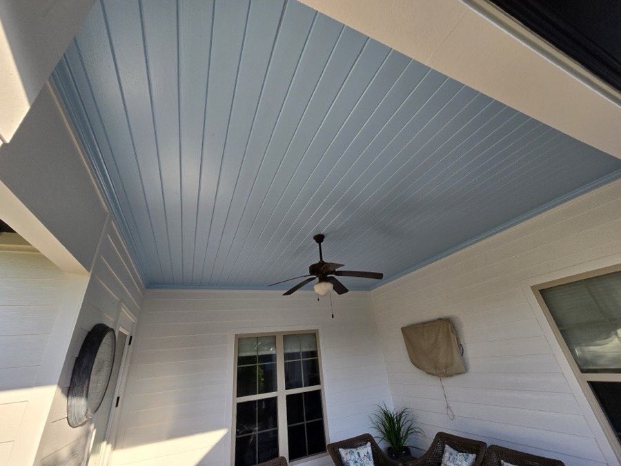 Exterior — blue porch soffit and ceiling detail, The Paint Guys